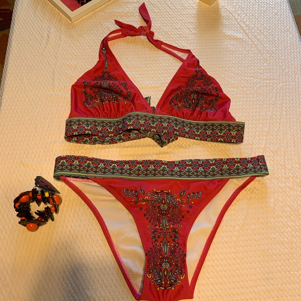 Embroidered Red Bikini Set